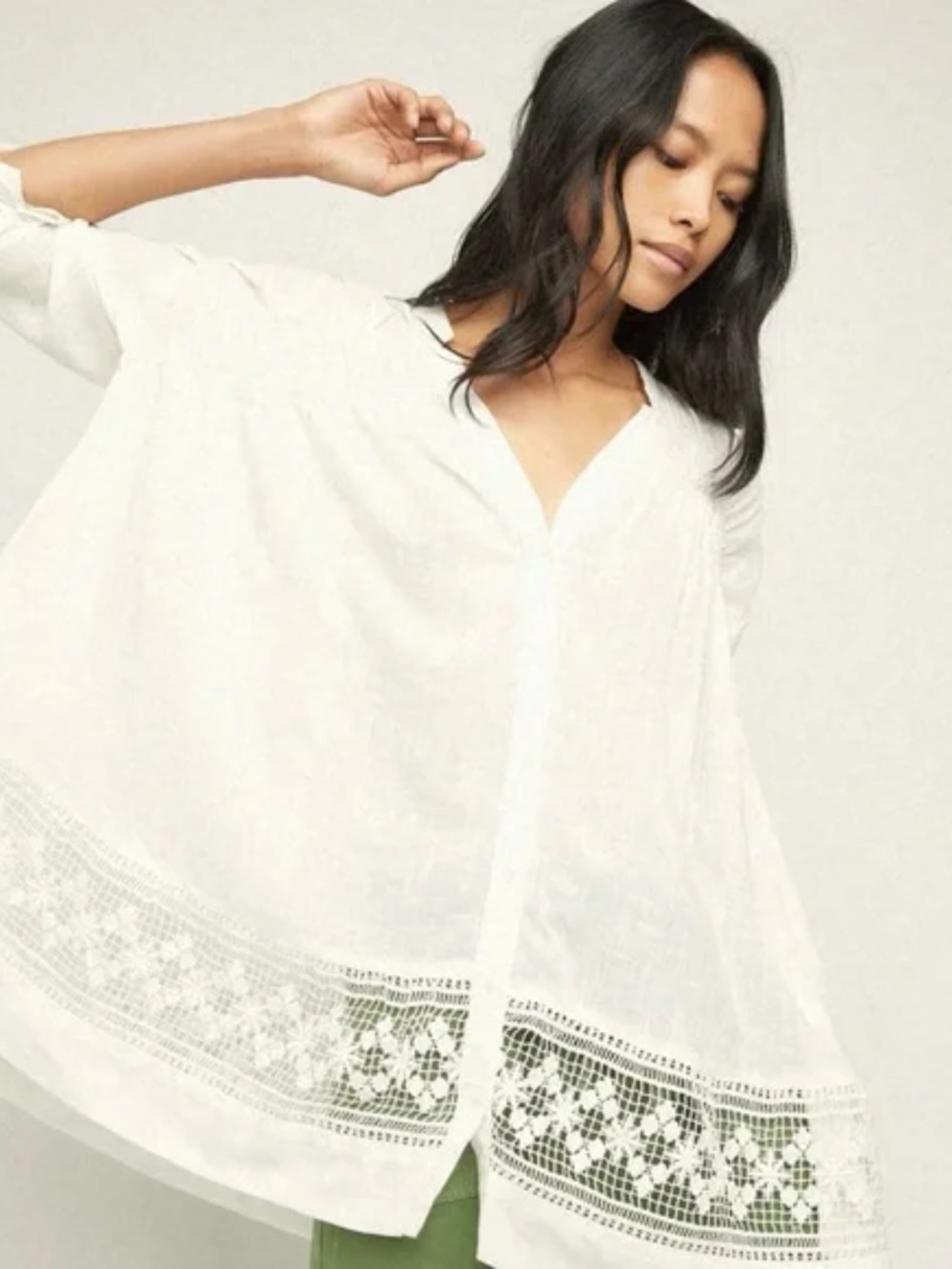 Free People Green Gardens White Gauzy Button-Front Tunic w/ Lace Hem Size Small